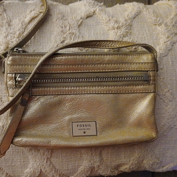 Fossil Metallic Gold Small Crossbody Purse Zip Closure Shoulder Bag Leather - Picture 1 of 9